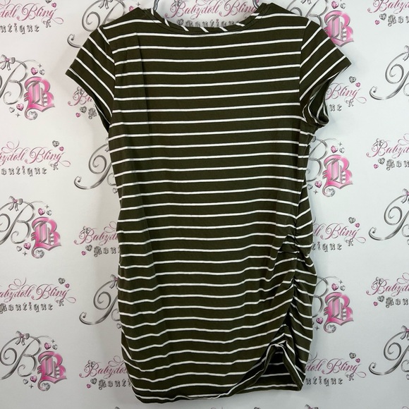 Thyme Maternity tshirt cinch sides Olive and White Striped Short Sleeve Top - Picture 2 of 9